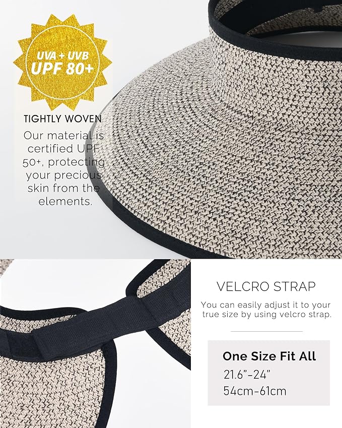FURTALK Sun Hats for Women Wide Brim Beach Hat Straw Visor Ponytail Summer UV - Image 4