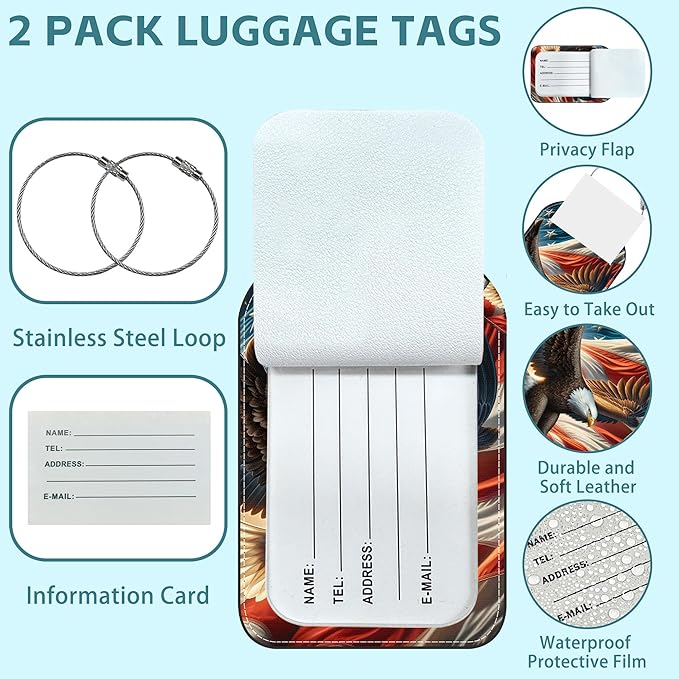 2 Pack Cute Luggage Tag for Suitcases Eagle and American Flag Leather Luggage - Image 2
