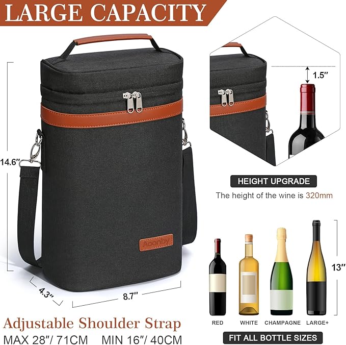 2 Bottle Wine Bag Wine Cooler Carrier Wine Gift Tote Bag, Leakproof & Insulated - Image 2