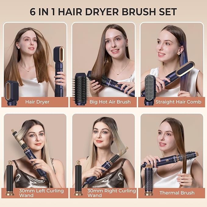 6 in ONE Blow Dryer Brush, Curling Wand Hair Styling Tools Set, Ionic Hot Air Hair Dryer, Massage Oval Hair Dryer, Left&Right Hair Curlers 100-120V
