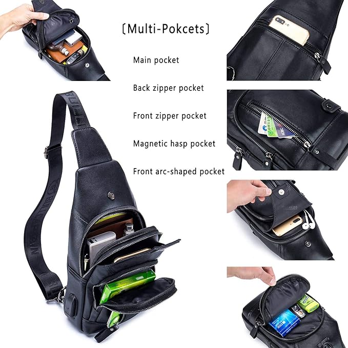 BULLCAPTAIN Leather Sling Bag Mens Chest Bag Casual Shoulder Crossbody Bags - Image 3