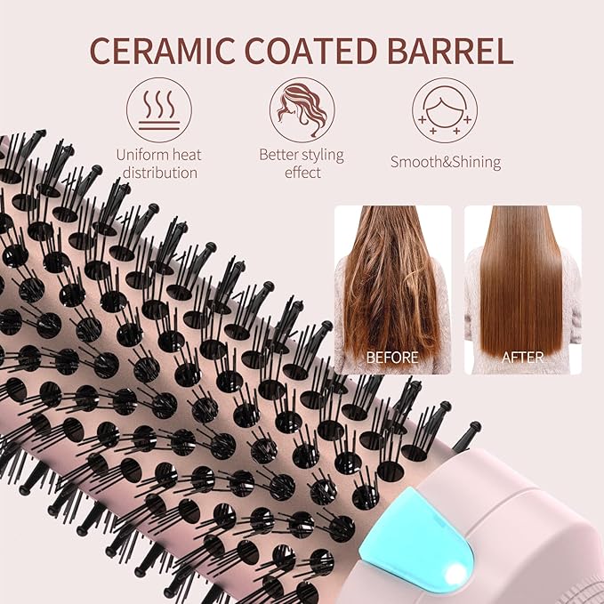 K&K 1 1/2 Inch Ceramic Tourmaline Ionic Heated Round Brush Curling Brush Creates Blowout Look -Creates Root Volume & Loose Curls Volume Curls Dual Voltage Hair Styling Tool (Pink, 1.5 Inch)