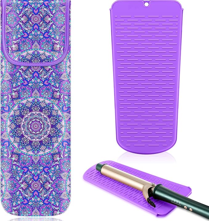 Shappy 2 Pcs Heat Resistant Hair Tools Bag Curling Iron Travel Case Cover Neoprene Flat Iron Holder Travel Case and Silicone Mat Pouch for Hot Hair Tools Storage Organizer(Mandragora)
