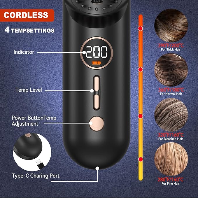 Cordless Hair Straightener Brush, Portable Mini Hair Straightening Brush for Travel, Rechargeable 9000 mAh USB-C, Lightweight Anti-Scald Heated Styling Tools & Appliances (Black)