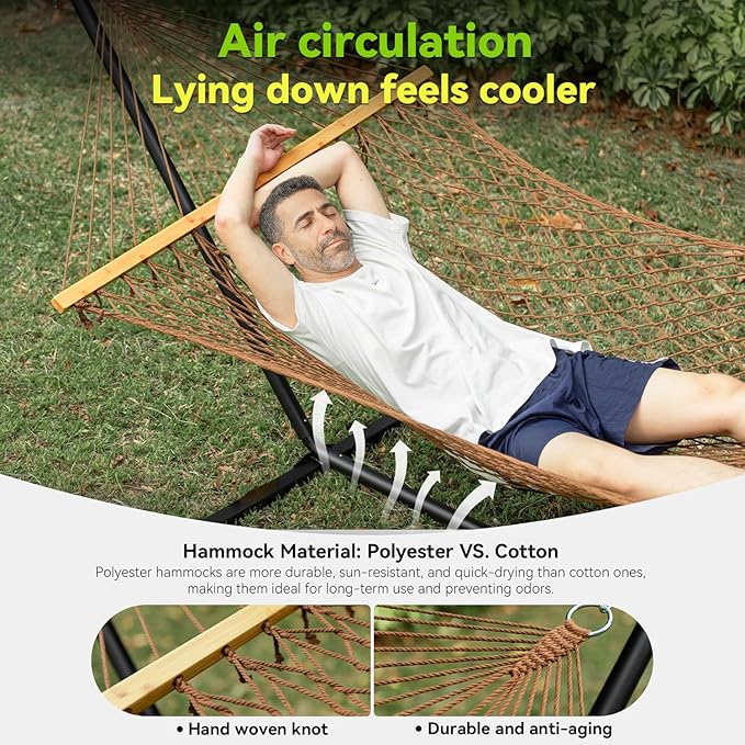 Double Hammock for 2 Person, Handwoven Cotton Rope Hammock - Image 4