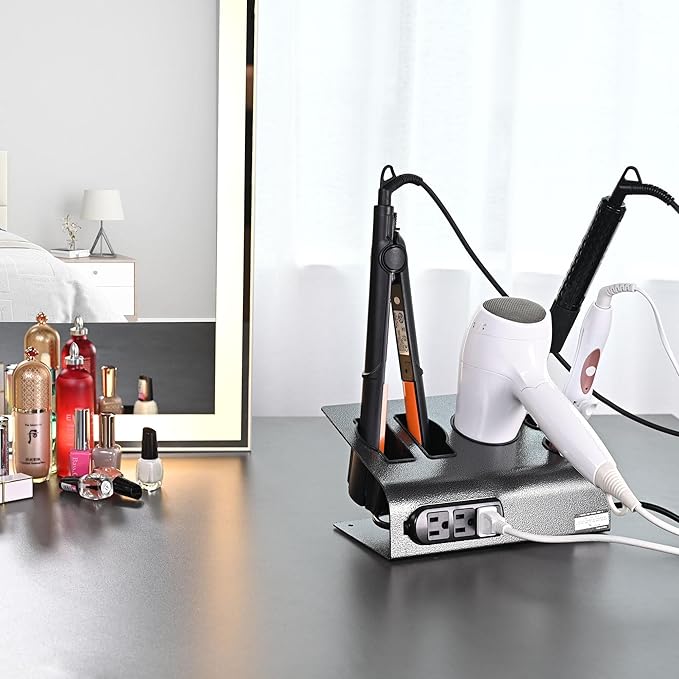 BYOOTIQUE 6-Hole Tabletop Blow Dryer & Hair Iron Holder Salon Appliance Stand with 3 Outlets Hair Tool Organizer Hot Tools Organizer for Stylist Straightener Bathroom Supplies (2 Pack)