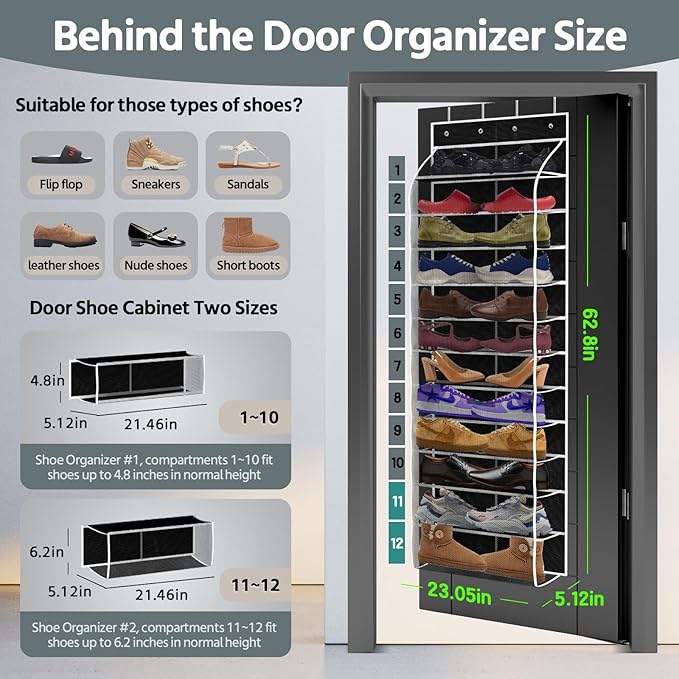 12 Pocket Over the Door Shoe Organizer, Reusable Breathable Large Mesh Bag - Image 3