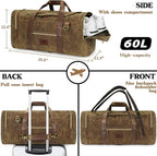 60L Travel Bags for Men, Nomad Washed Canvas Duffle Bag Vintage Genuine Leather - Image 3