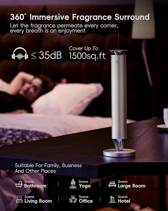 Waterless Scent Diffuser Starter Kit - 1500 Sq Ft Coverage, Alloy Atomization System,Mood Light,Smart Rechargeable Hotel Scent Diffuser, Including 120ml Essential Oil, for Home,Large Room,Spa,Silver