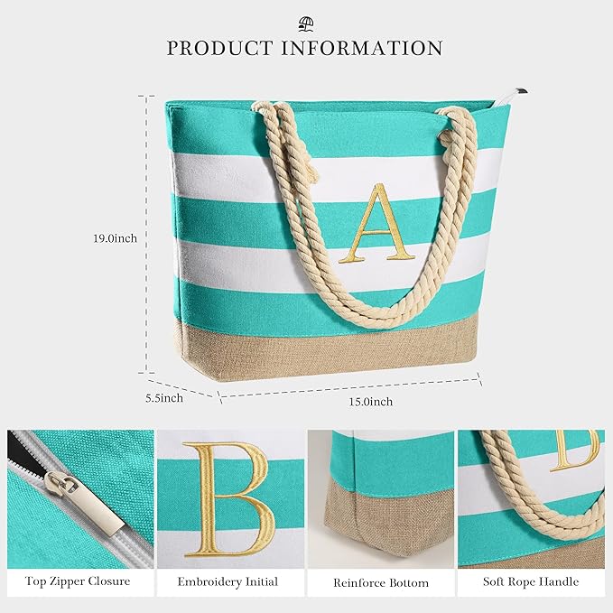 YOOLIFE Initial Canvas Waterproof Beach Tote Bag Zipper Personalized Gifts - Image 3