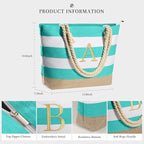 YOOLIFE Initial Canvas Waterproof Beach Tote Bag Zipper Personalized Gifts - Image 3