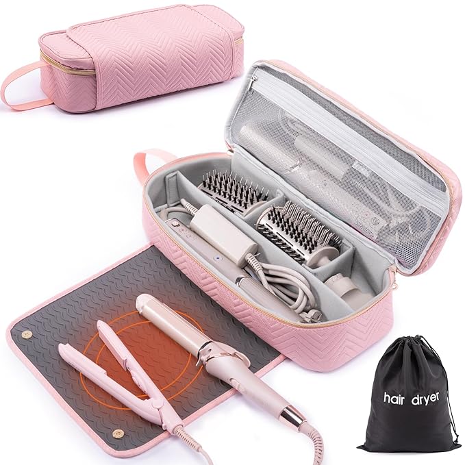2IN1 Hair Tools Travel Bag with Heat Resistant Mat for Shark Flexstyle, Flat Irons, Straighteners, Curling Iron, Hair Dryer Case Compatible with Revlon One-Step Hair Dryer, Hair Essentials