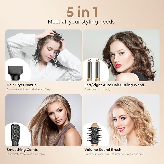 5 in ONE Blow Dryer Brush, Curling Wand Hair Styling Tools Set, Ionic Hot Air Hair Dryer, Massage Oval Hair Dryer, Left&Right Hair Curlers 100-120V