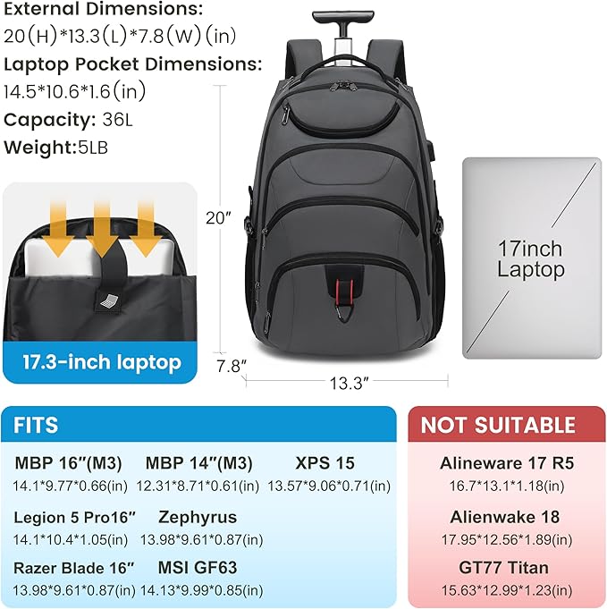 Boavan Rolling Backpack, 17 inch Water Resistant Wheeled Backpack, Carry on - Image 2
