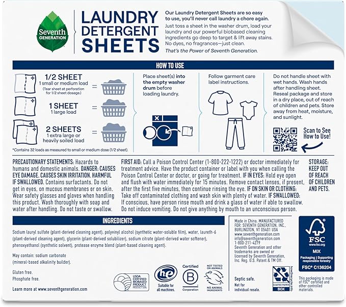 Seventh Generation Laundry Detergent Sheets 32ct Free & Clear Removes Tough - Image 2