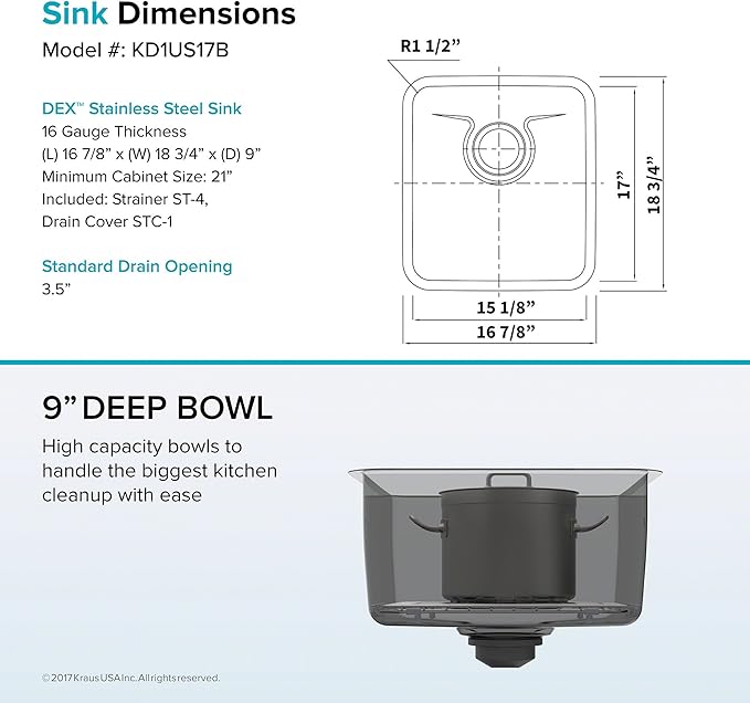 KRAUS Dex 17-Inch Undermount Single Bowl TRU16 Gauge Stainless Steel Kitchen - Image 12