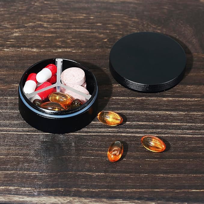 Small Pill Case 3 Compartments, Metal Round Portable Pill Box, Waterproof - Image 5