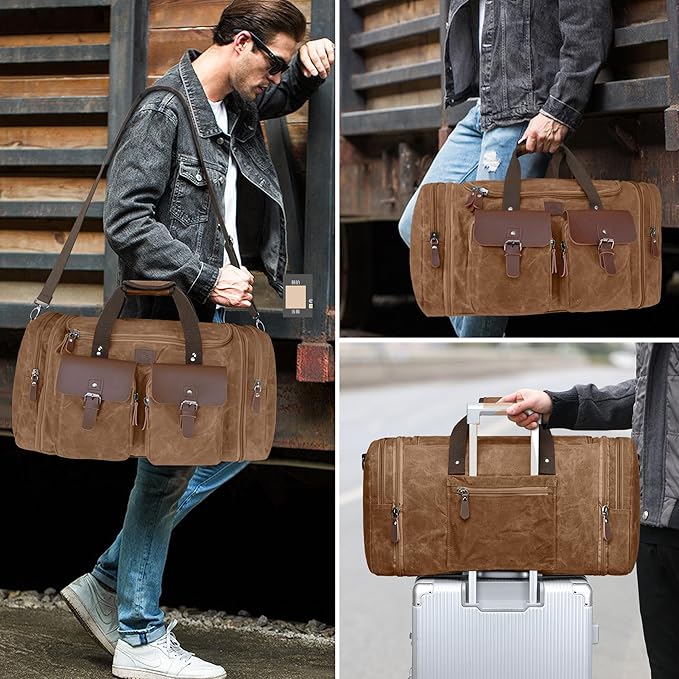 Waxed Canvas Duffle Bag for Men 50L Travel Duffel Bags Expandable Genuine - Image 8