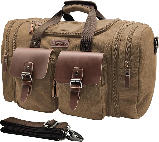 Wildroad 60L Travel Duffel Bag, Expandable Canvas Genuine Leather Duffle Bag by WILDROAD
