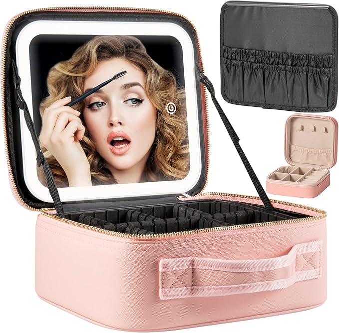 Makeup Travel Train Case with Mirror LED Light 3 Adjustable Brightness Large by Extrei+Gent
