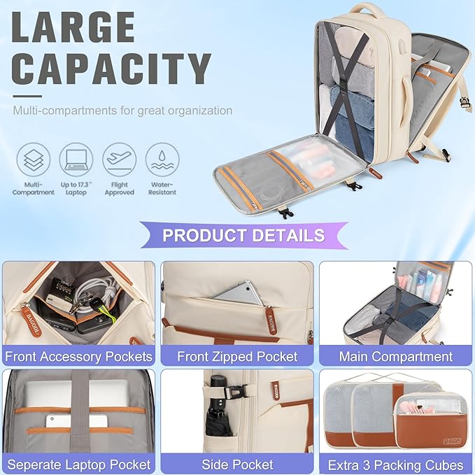 42L Travel Laptop Backpack, Expandable Carry-on Luggage, Anti-Theft Business - Image 3