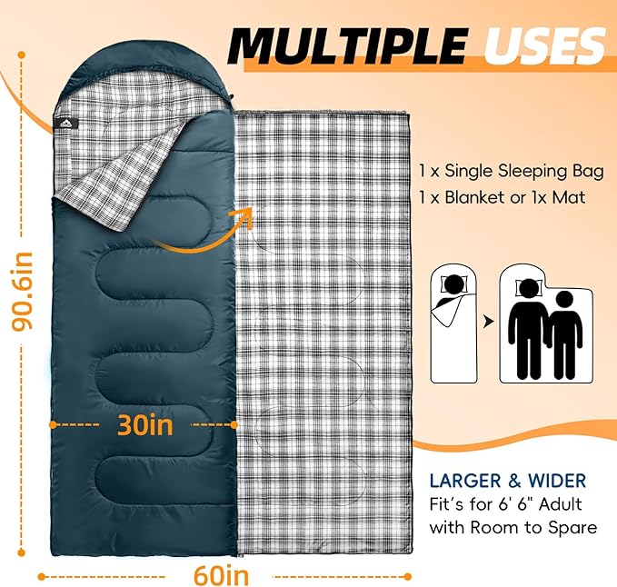 MEREZA Flannel Sleeping Bag for Adults XL, Large Wide Sleeping Bags for Camping - Image 2