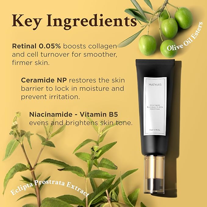 MATKAS Korean Active Capsule 0.05% Retinal Hybrid Face Cream - 1.7 Fl Oz. Night Time Face Moisturizer, Korean Skin Care Anti Aging Moisturizer, Retinal Night Cream + Ceramide Skin Barrier Repair Serum
