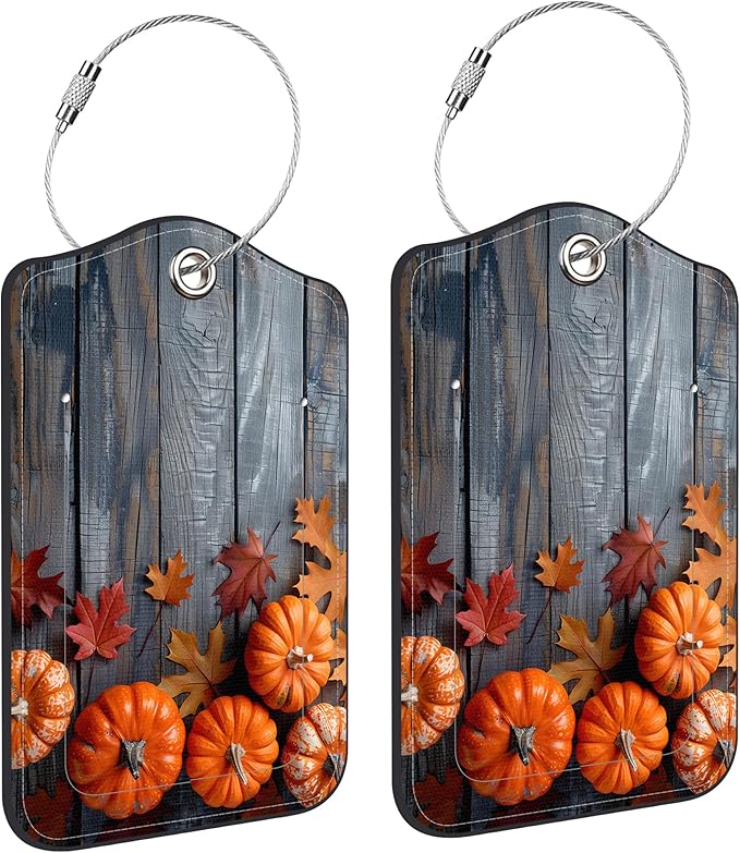 2 Pack Luggage Tag for Suitcase Thanksgiving Day Pumpkins Autumn Leaves Leather by Unknown