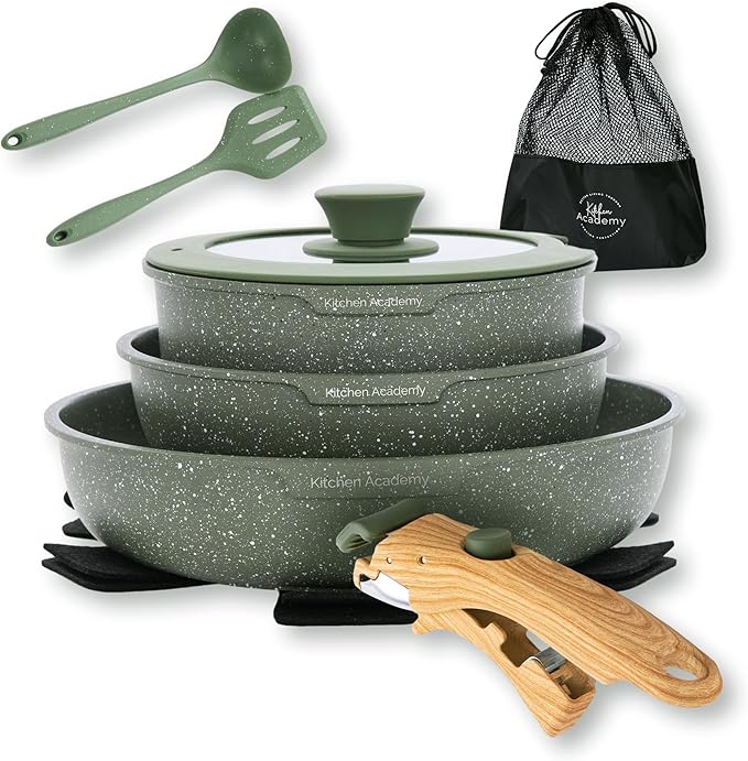 Kitchen Academy Removable Handle Pots and Pans Set by KITCHENACADEMYBETTERLIVINGTHROUGHCOOKINGPERFECTION