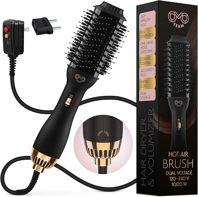 Manual Dual Voltage Blowout Hair Dryer Brush, Professional Hot Air Brush for European Travel 110V-120V/220V-240V, Black Gold Dryer and Volumizer for Women, 2.4 INCHES Oval Shape