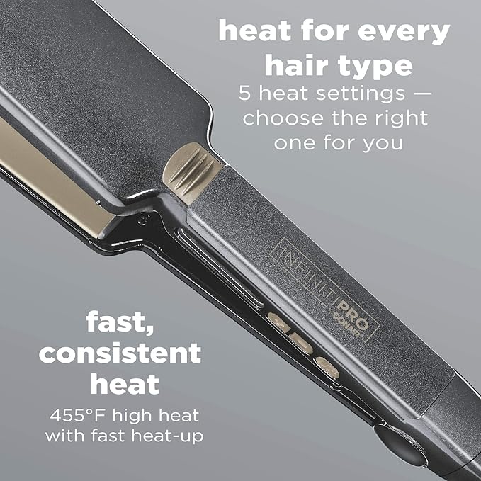 INFINITI PRO CONAIR Tourmaline Ceramic 2-Inch Flat Iron Hair Straightener, 2-Inch Flat Iron to Straighten or Curl, 5 Heat Settings, for All Hair Types and Textures, Metallic Grey