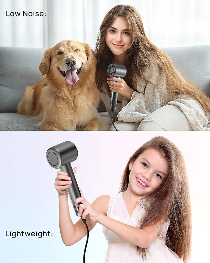 Hair Dryer, High-Speed Ionic Low Noise Blow Dryer for Fast Drying, Birthday Christmas Gifts for Women Men Mom Dad, Thermo-Control Quiet Compact Hair Blow Dryer for Travel Salon, Gray