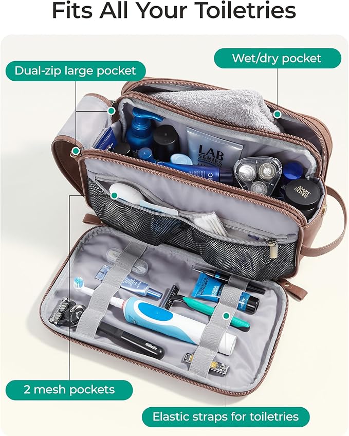 BAGSMART Toiletry Bag for Men, PU Leather Travel Bag for Toiletries, Dopp Kit - Image 3