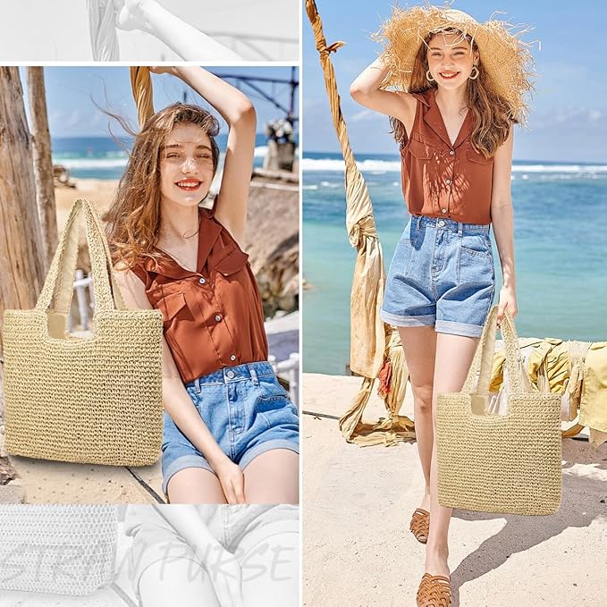 Straw Beach Bags for Women Woven Beach Tote Bag Casual Boho Large Shoulder - Image 2