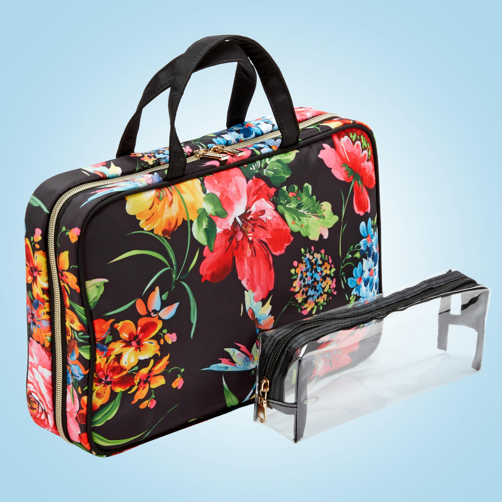 Travel Toiletry Bag with Handles (Black Floral / 1 Count (Pack of 1))
