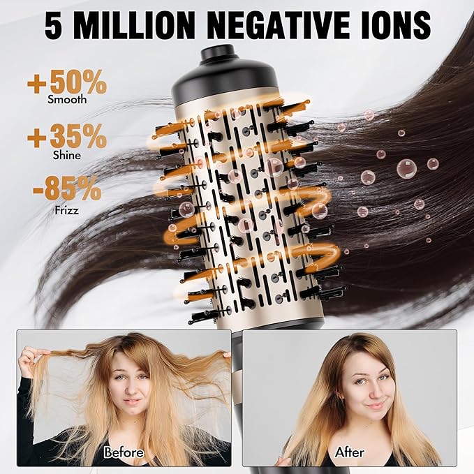 DAILYLIFE Rotating Hair Dryer Brush for Women, Spinning Blowout Brush, with 2 Brushes (1.5" & 2"), Ceramic Barrel, Negative Ion, Black and Gold
