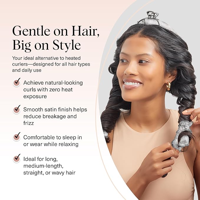 Kitsch Satin Heatless Curlers Set – Heatless Curls Overnight with 34" Hair Curler & 2 Satin Scrunchies, Comfortable No Heat Hair Curlers to Sleep In for Frizz-Free & Non-Damage Styling - Marble