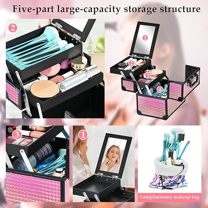 Makeup Case Organizer, Makeup Train Case, Trays Cosmetic Box Portable, - Image 4