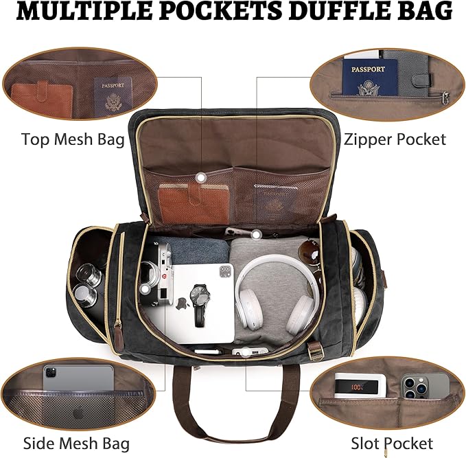 60L Duffle Bag for Men, Nomad Waxed Canvas Travel Duffel Bag Vintage Genuine - Image 4