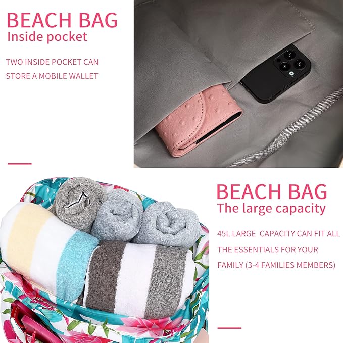 LEDAOU Large Beach Tote Bag Women Waterproof Sandproof Zipper Beach Tote Bag - Image 3