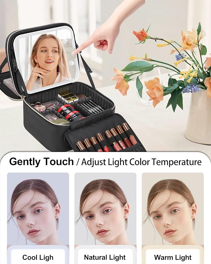 Travel Makeup Bag with LED Mirror Double Layer Makeup Case with Lighted Mirror - Image 3