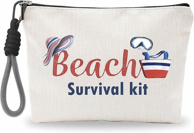 Funny Make Up Bag For Woman, Cosmetic Bag With Hand Strap- Beach Survival Kit - Lined Toiletry Bag - Retro Summer Theme Pouch, Girl Organizer With Zipper, Women Essentials & Accessories - B05