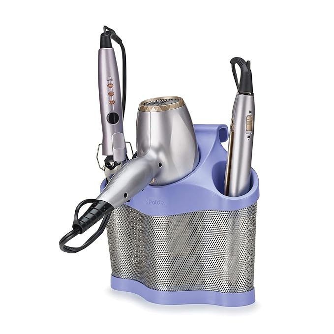 Polder Style Station, Hair Tool Organizer for Hair Dryer, Curling Iron, Hair Straightener, Easy-to-Store Hair Styling Station, Periwinkle and Silver