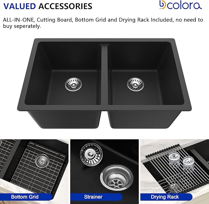 Dcolora 33 inch Quartz Matte Black Granite Composite Double Bowl Undermount - Image 5