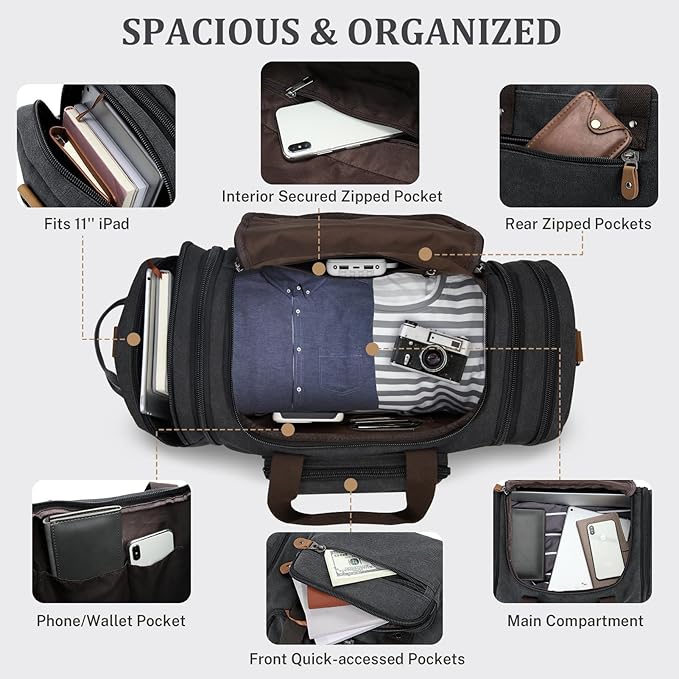 Gonex Canvas Duffle Bag 60L Travel Duffel Overnight Weekend Bag - Image 4