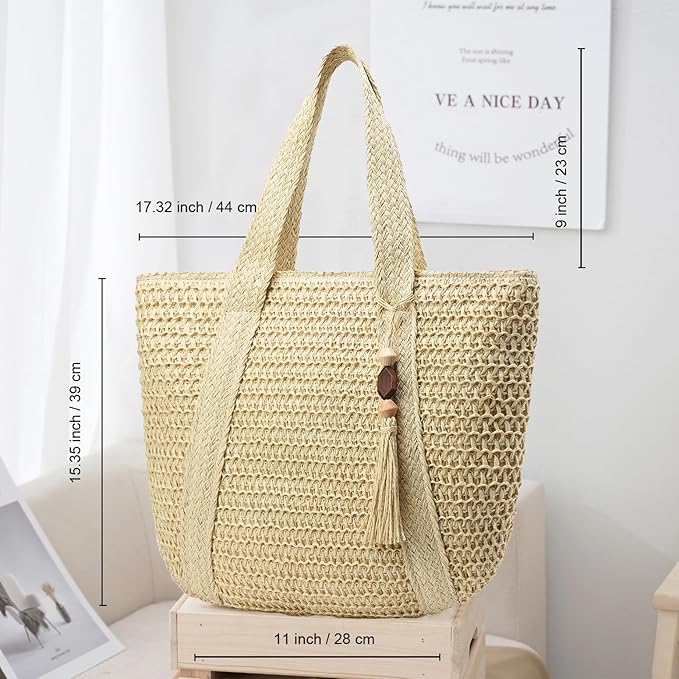 Straw Beach Bags for Women Woven Beach Tote Bag Casual Boho Large Shoulder - Image 4