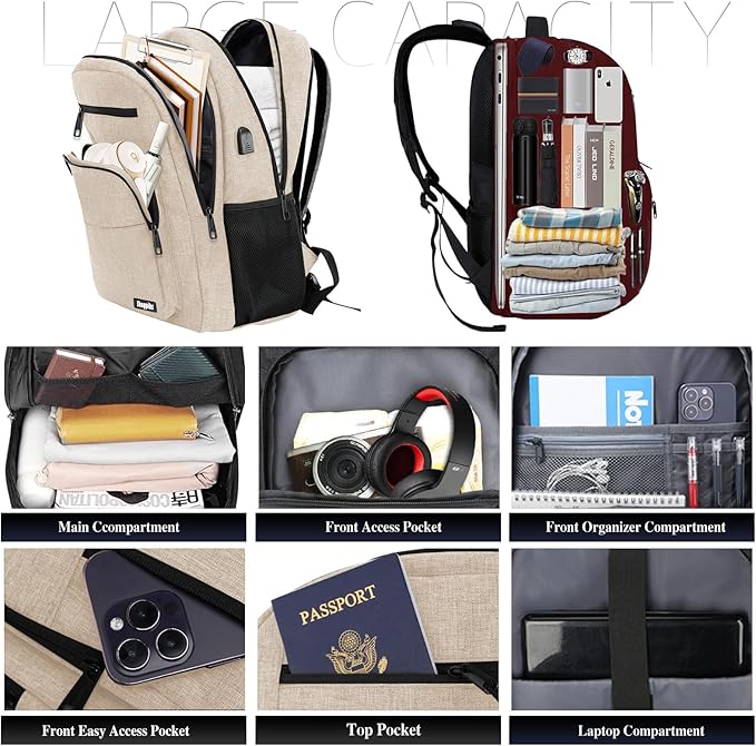 Beige Backpack for Men Women, School Backpack for Boys Girls Teens, 15.6 Inch - Image 2