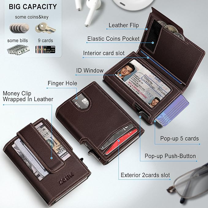 Men Wallet, with Money Clip Coins Pocket ID Window, Slim Front Pocket RFID - Image 2