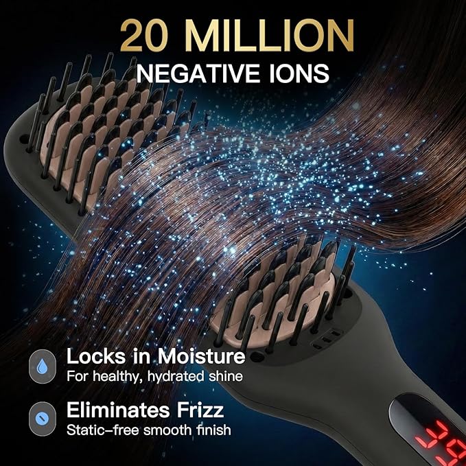 MEGAWISE Pro Ceramic Ionic Hair Straightener Brush for Home Salon | MCH Fast 20s Heating Tech with Auto-Off Safety | Anti-Scald with Universal Dual Voltage | Rotatable Power Cord (Black)