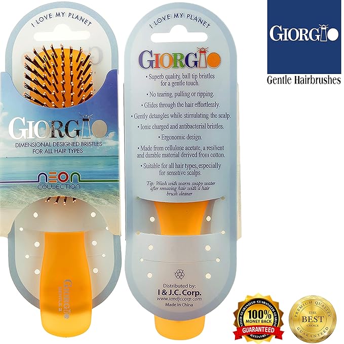 Giorgio GION2O Neon Orange 6.25 inch Gentle Touch Detangler Hair Brush for Men and Women. Soft Bristles for Sensitive Scalp. Wet and Dry for all Hair Types. Scalp Massager Brush Stimulate Hair Growth